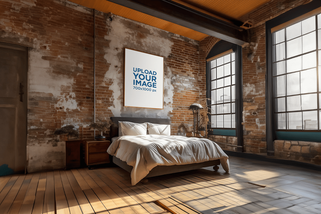 A mockup of a framed art print hanging above a bed in an industrial style bedroom with exposed brick walls.